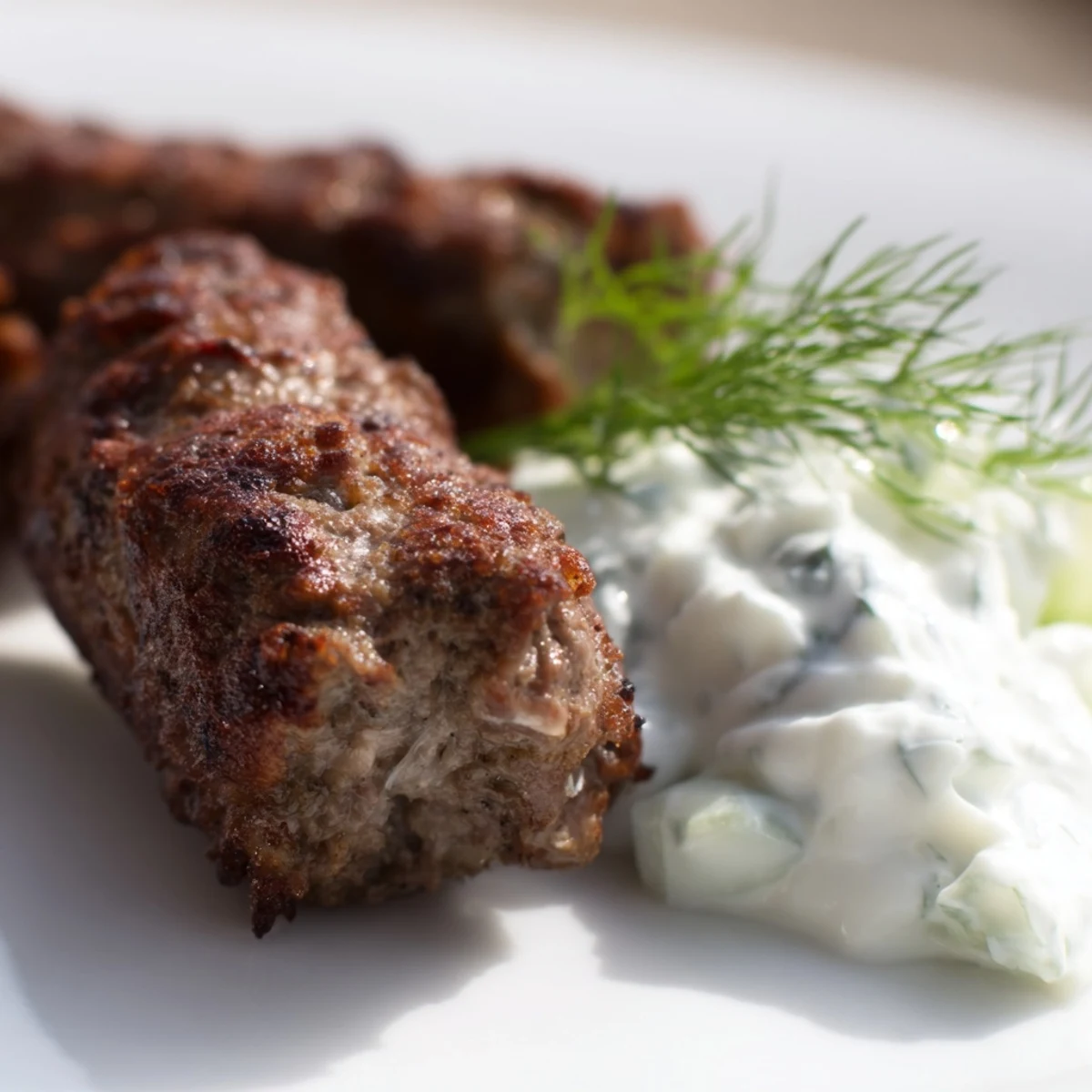 Hand-shaped Middle Eastern beef kebabs seared to perfection topped with refreshing herb yogurt dip