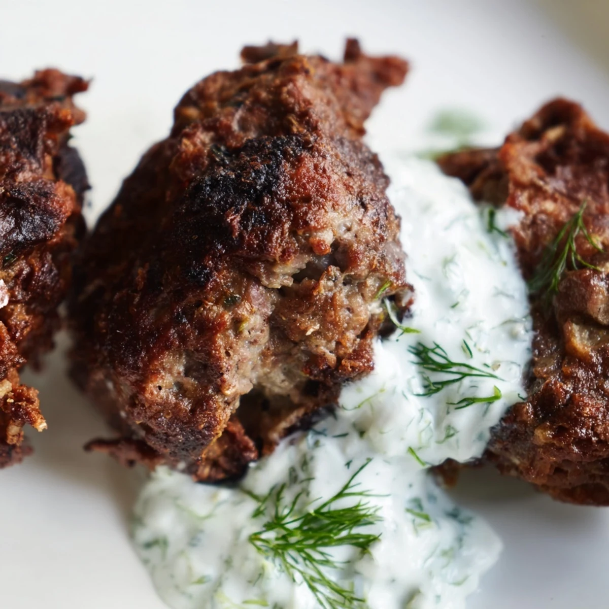 Savory ground beef kebabs with aromatic spices plated with tangy cucumber yogurt and fresh garnishes