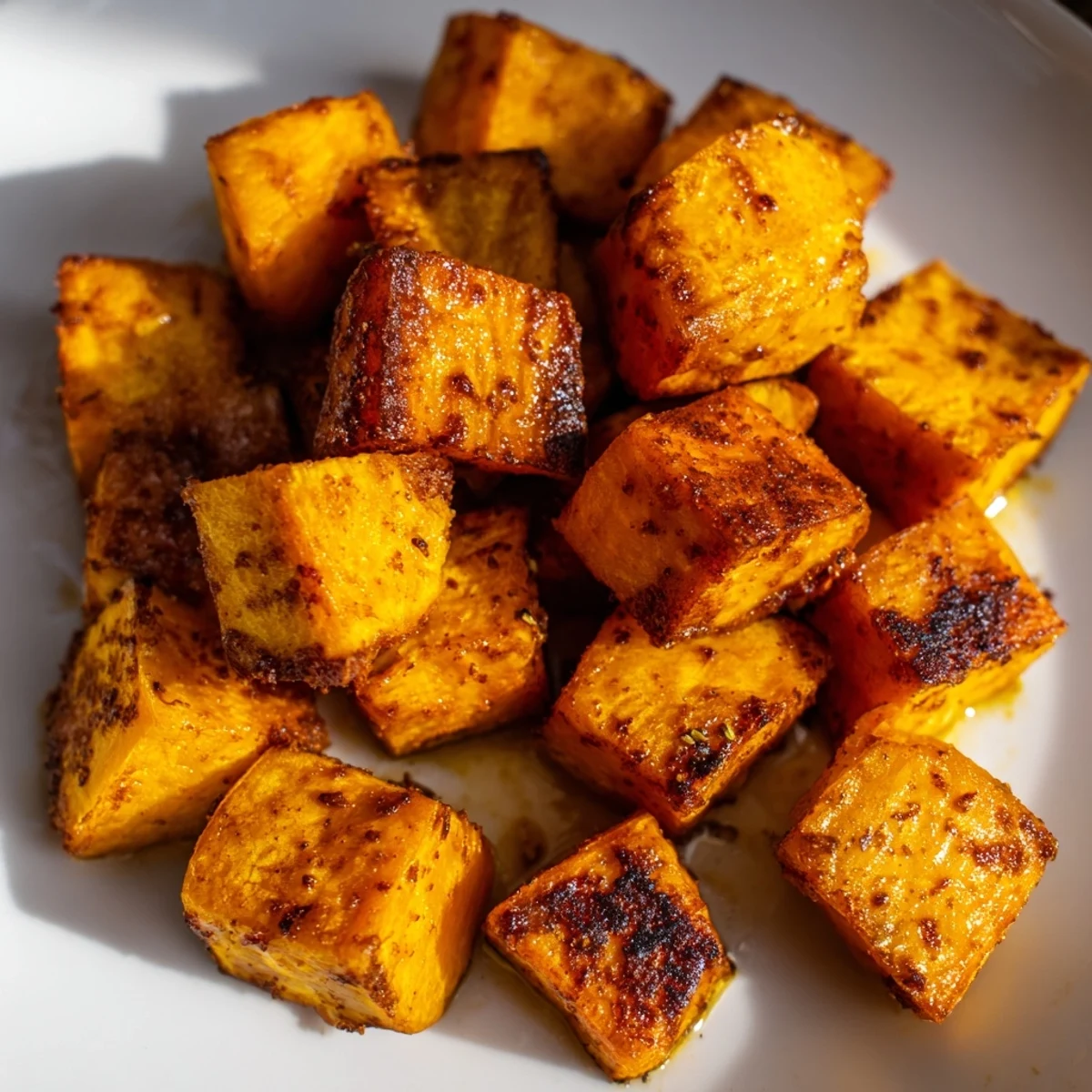 Golden brown air fryer sweet potato cubes with crispy edges and tender centers arranged in a white serving bowl