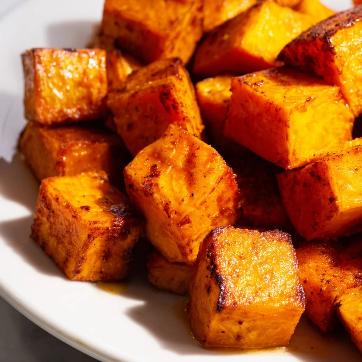 Seasoned sweet potato cubes sprinkled with smoked paprika and garlic powder, freshly cooked in an air fryer basket