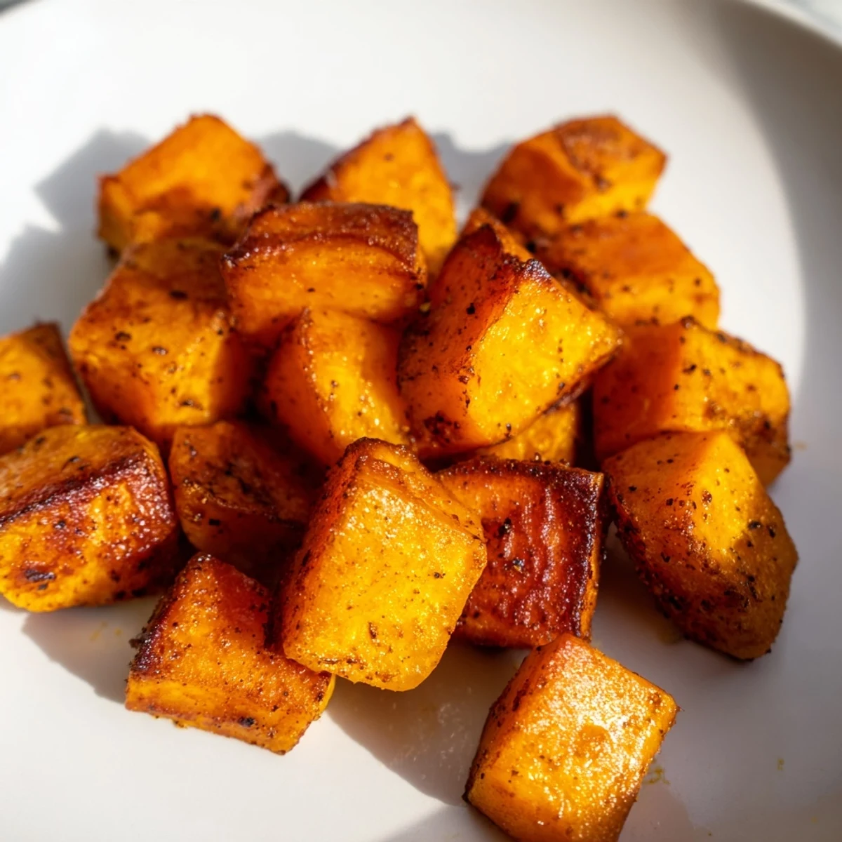 Perfectly roasted sweet potato cubes displaying a golden caramelized crust, served as a healthy gluten-free side dish