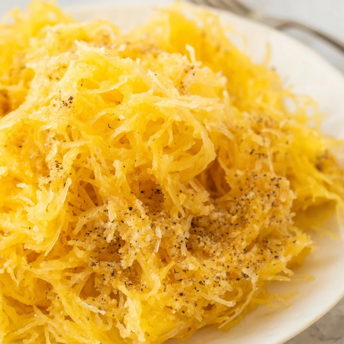 Warm Spaghetti Squash Mac Cheese with gooey cheddar sauce and fresh herbs.