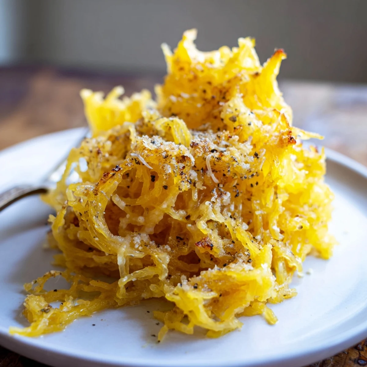 Baked Spaghetti Squash Mac Cheese showcasing fork-tender strands tossed in cheesy sauce.