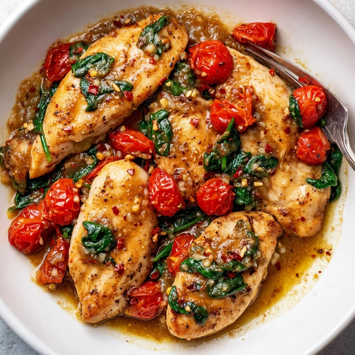 Slices of Tomato Spinach White Wine Chicken nestled over pasta, fragrant wine sauce