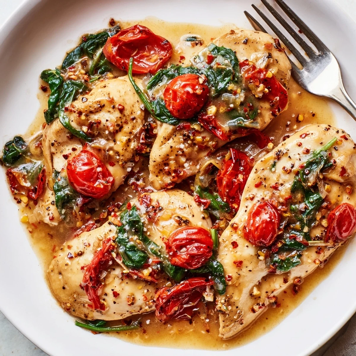 Tomato Spinach White Wine Chicken sizzling in skillet with juicy tomatoes, wilted spinach