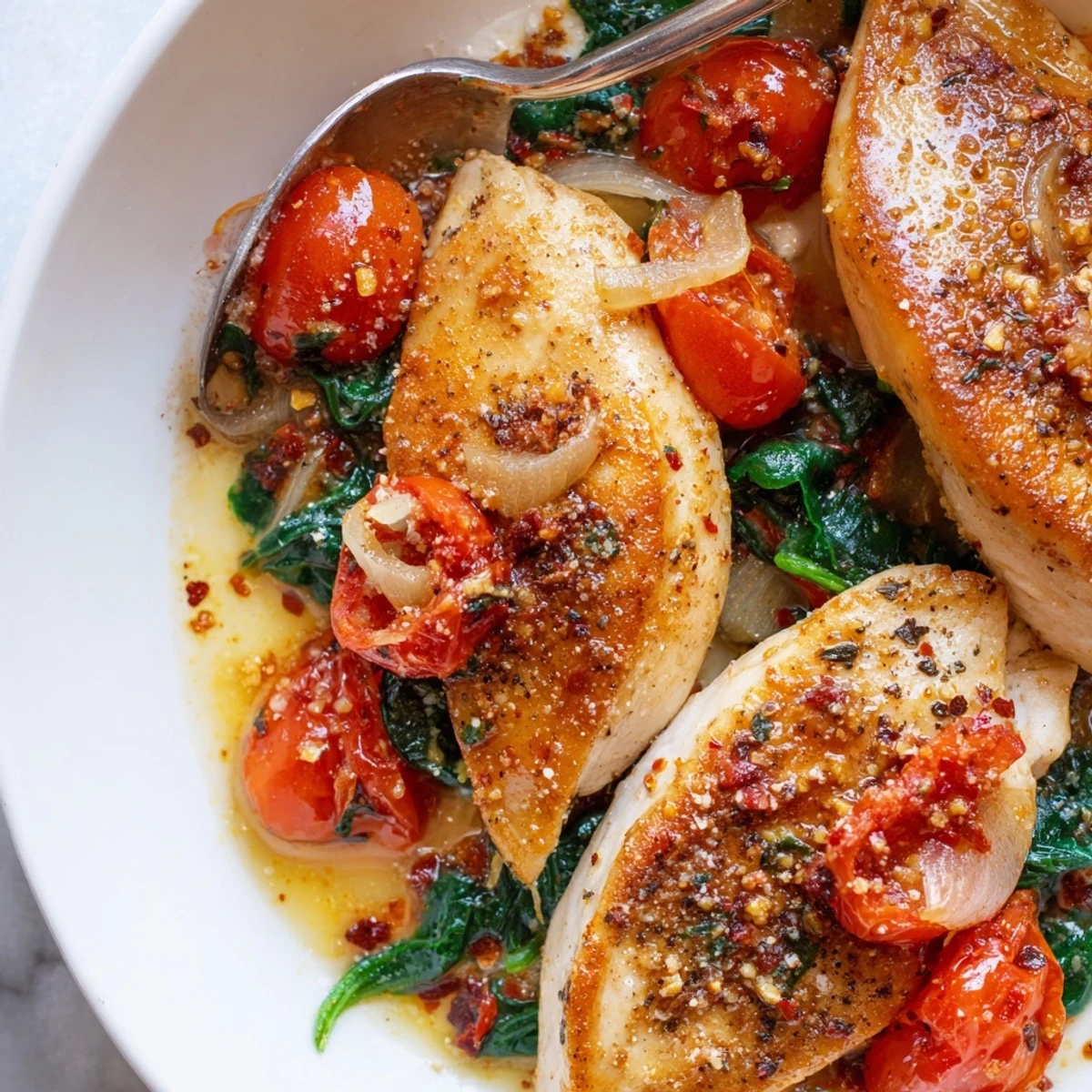 Garlic-kissed Tomato Spinach White Wine Chicken served hot with crusty bread