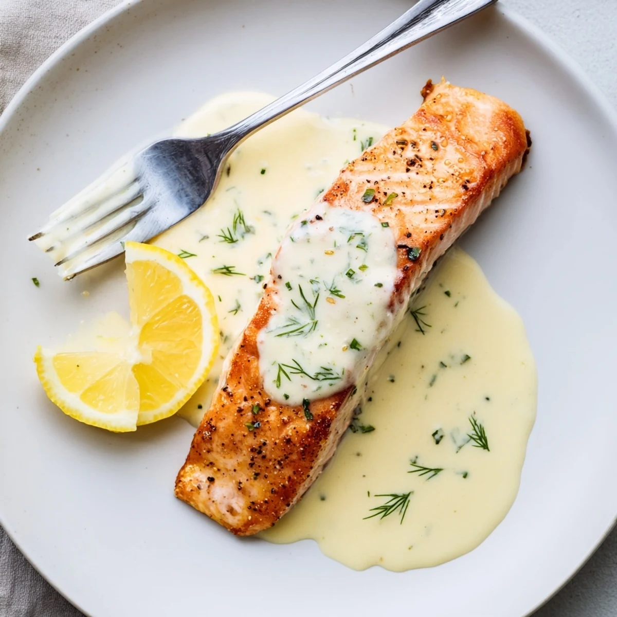 Pan-seared Salmon With Lemon Cream Sauce, glossy cream spooned over fillets  