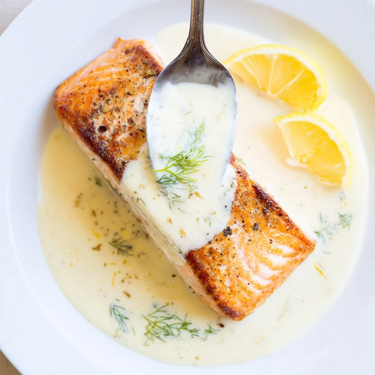 Salmon With Lemon Cream Sauce resting on roasted potatoes, bright lemon zest  