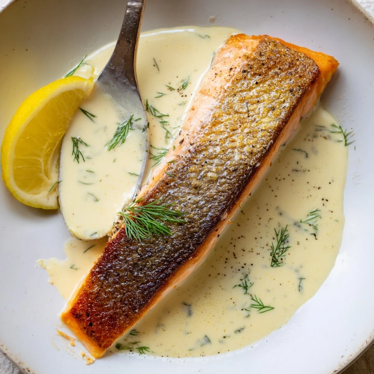 Buttery Salmon With Lemon Cream Sauce garnished with fresh dill and lemon wedge