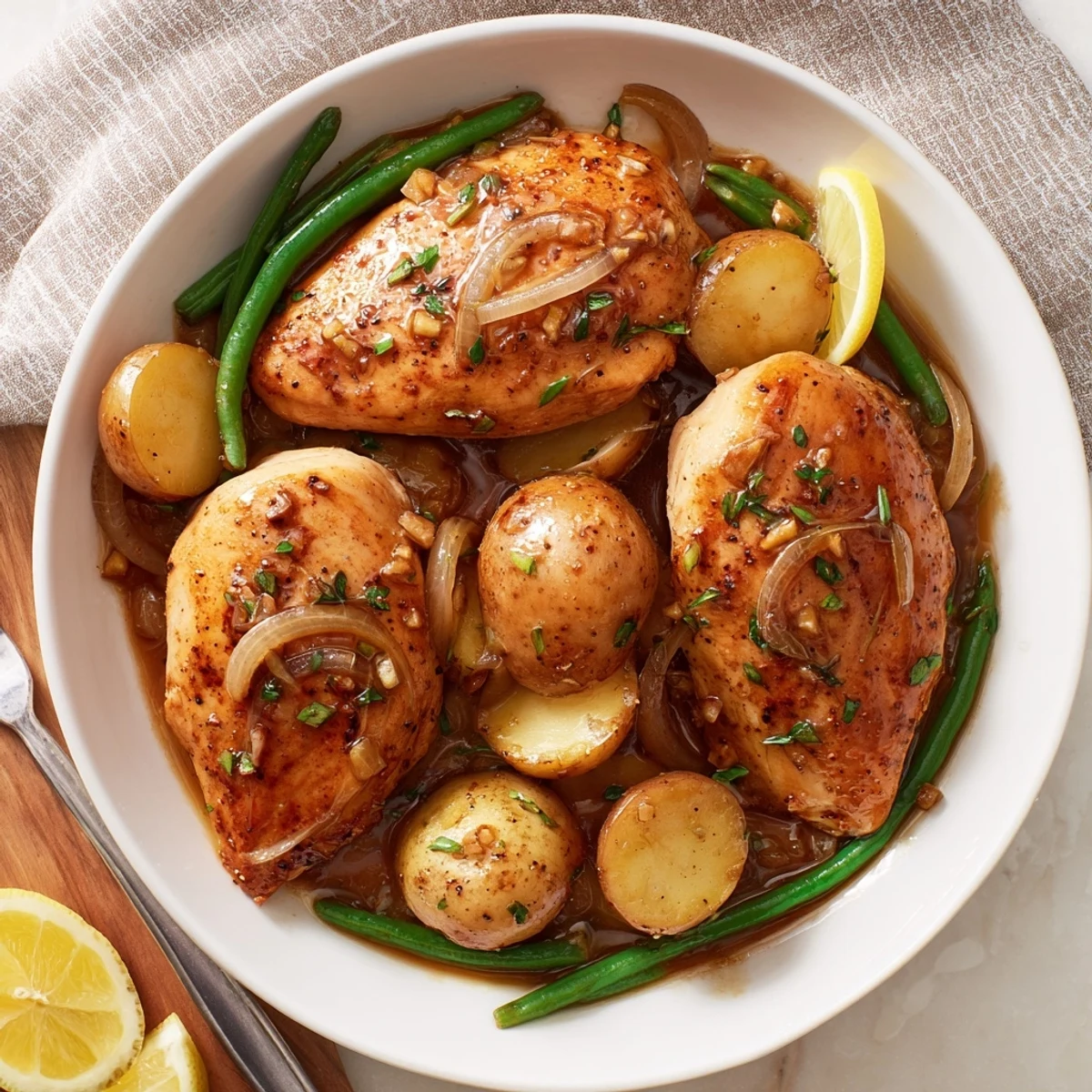 Slow Cooker Chicken And Potatoes With Green Beans bubbling in savory herb broth