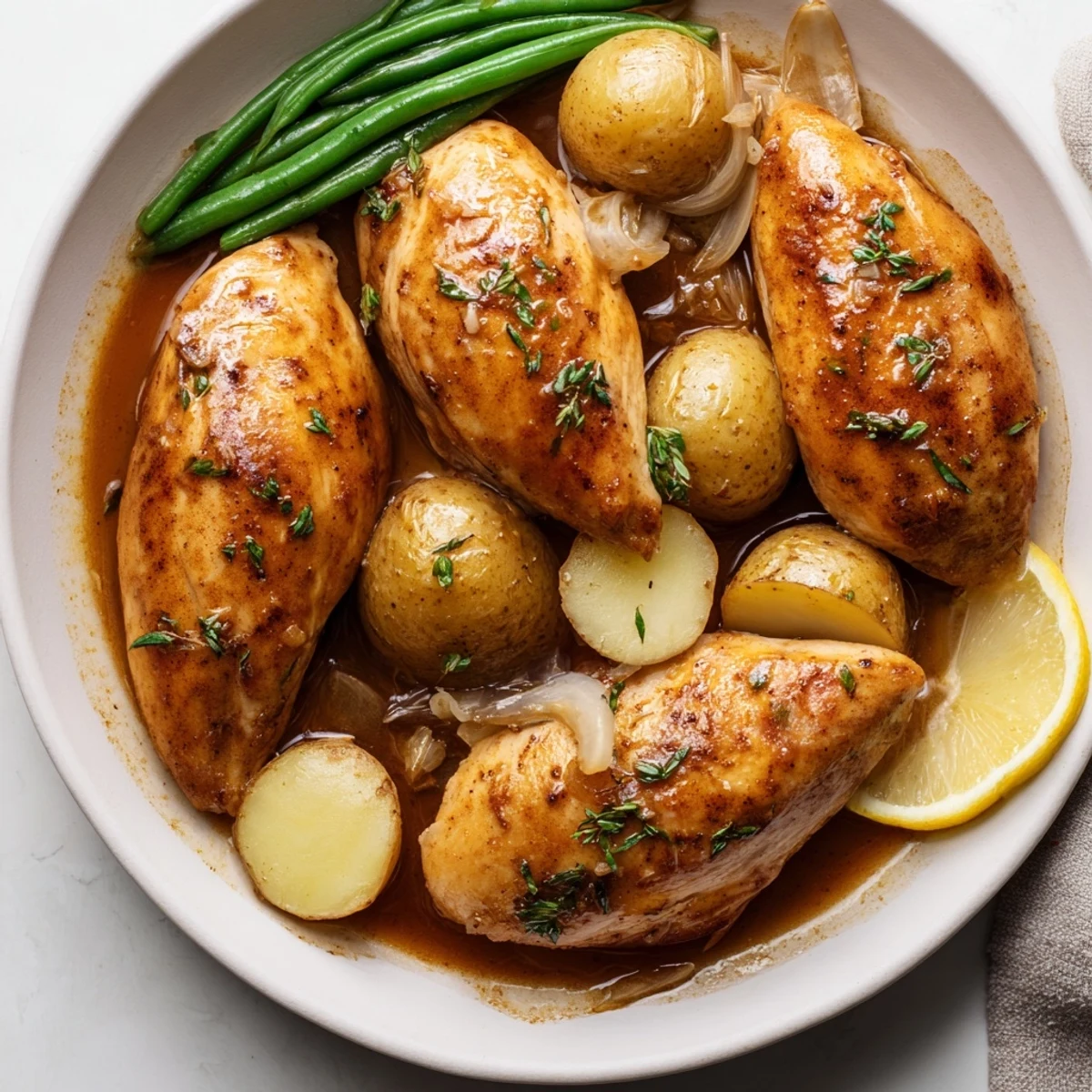 Plated Slow Cooker Chicken And Potatoes With Green Beans garnished with parsley