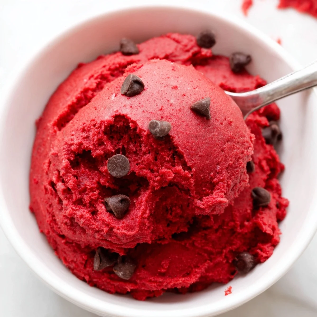 Creamy edible red velvet cookie dough scooped into a bowl with mini chocolate chips