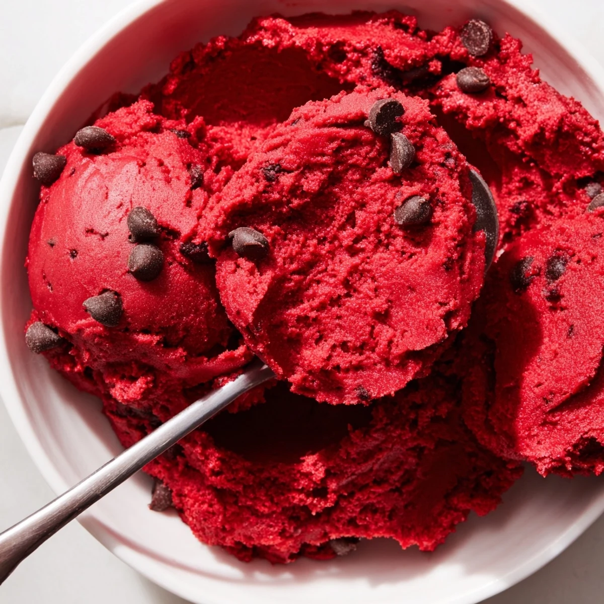 Spoonfuls of rich edible red velvet cookie dough ready for festive snacking and dipping