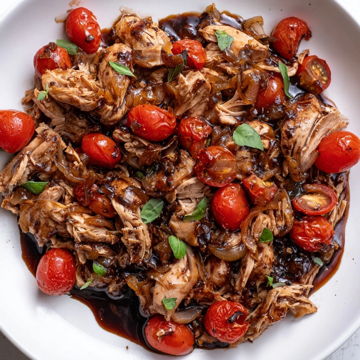 Juicy slow cooker balsamic chicken glazed in a rich, dark tangy sauce with roasted tomatoes