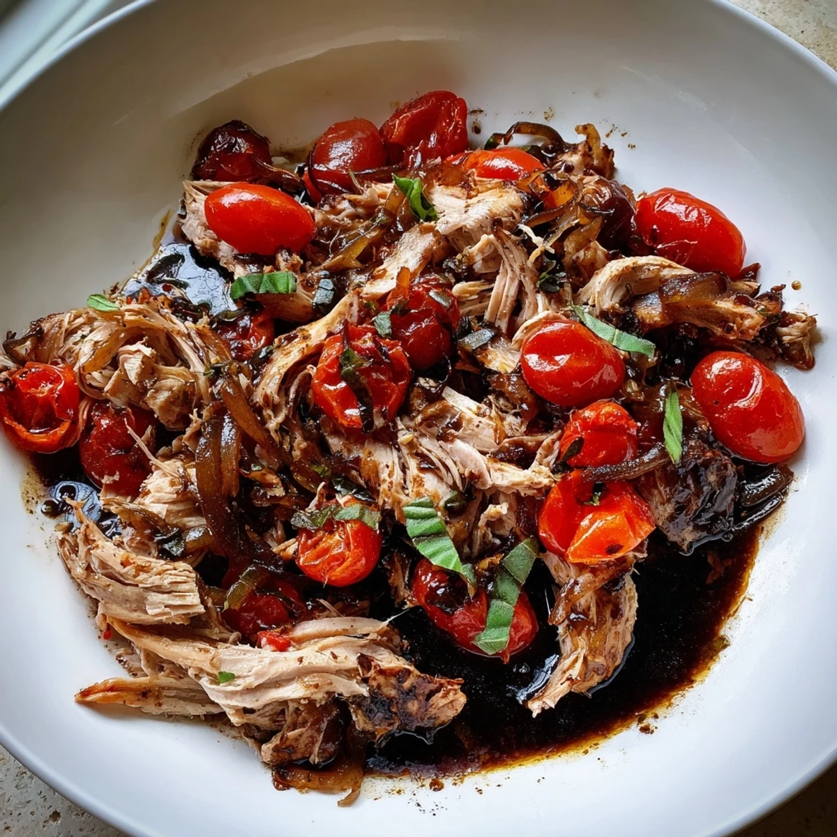 Slow cooker balsamic chicken nestled in caramelized onions and herbs on a rustic plate