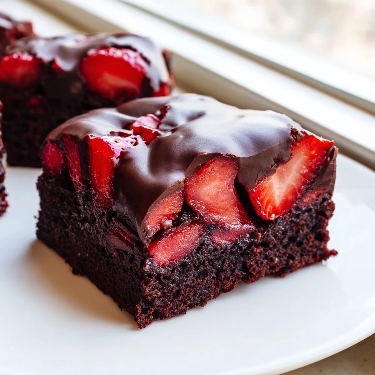 Fudgy chocolate covered strawberry brownies sliced into rich decadent squares