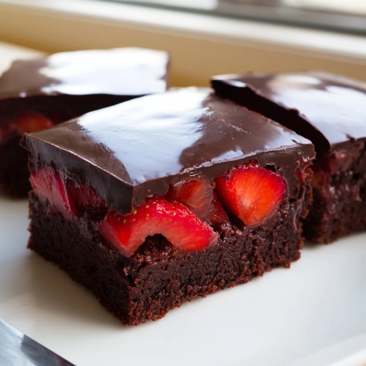 Glossy chocolate covered strawberry brownies topped with fresh ruby-red strawberry slices