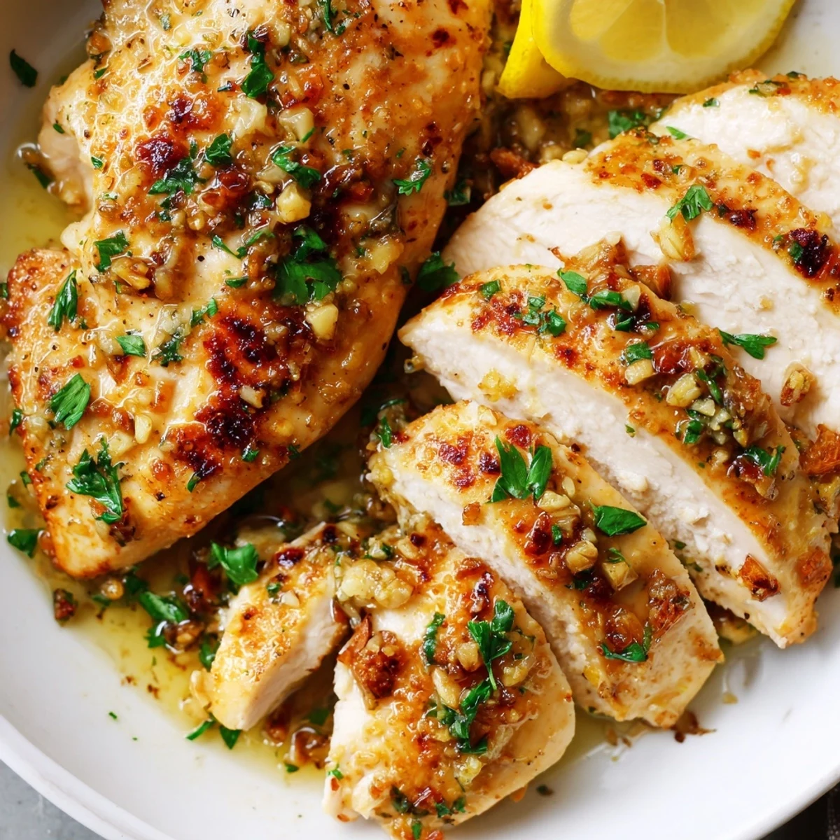 Juicy garlic butter baked chicken breast sliced open revealing tender moist herb-infused meat