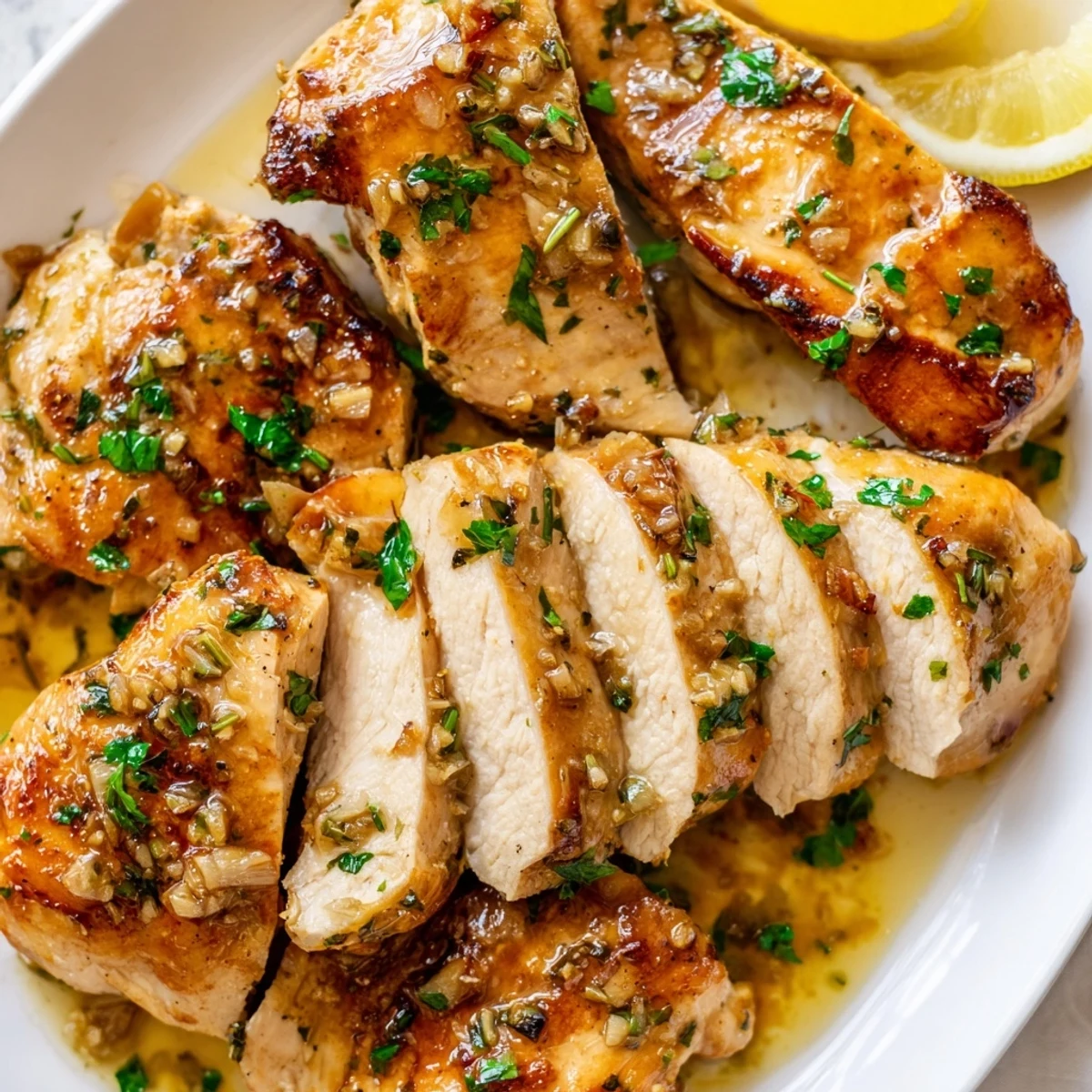 Golden garlic butter baked chicken breast glistening with herbs on a rustic baking dish