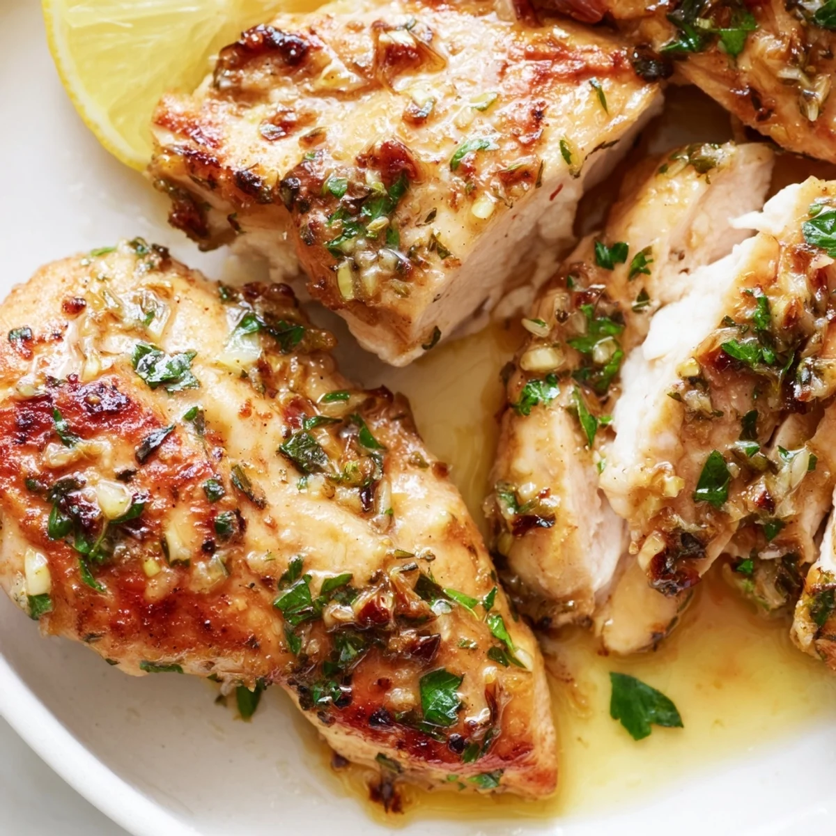 Savory garlic butter baked chicken breast garnished with fresh parsley and bright lemon wedges