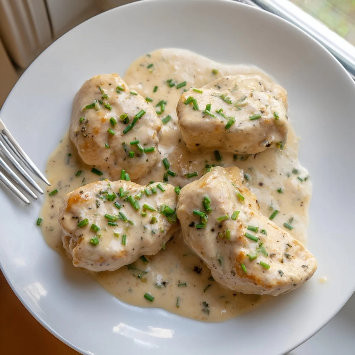 Creamy cheese sauce spooned over golden seared chicken in a cast iron skillet
