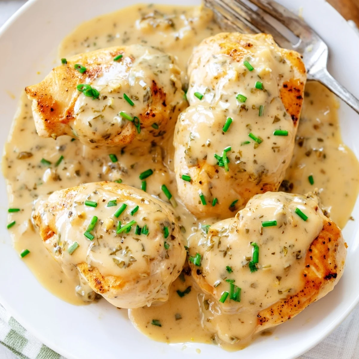 Cream cheese chicken breasts nestled in a velvety herb-flecked Parmesan sauce