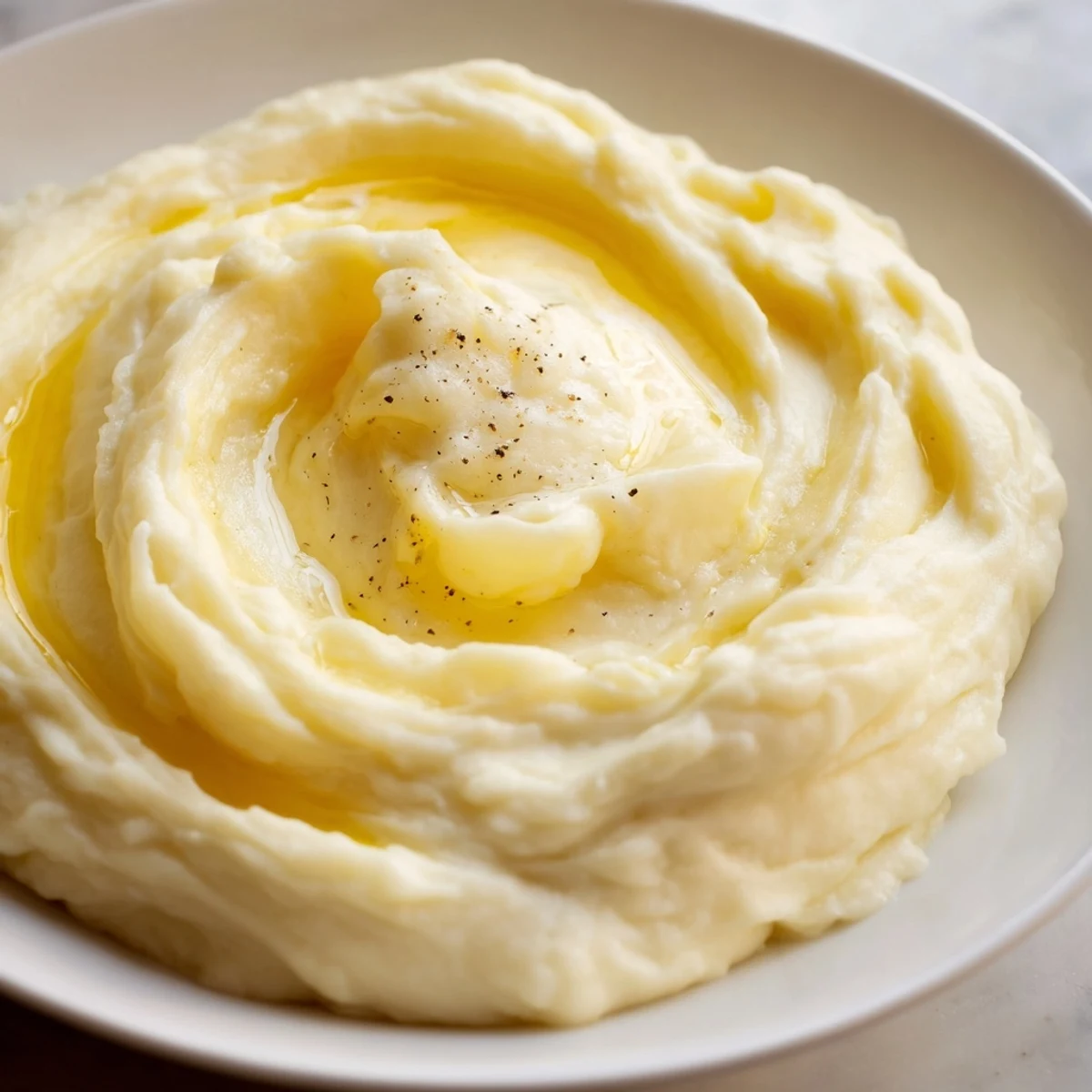 Silky velvety mashed potatoes piled high and garnished with cracked black pepper