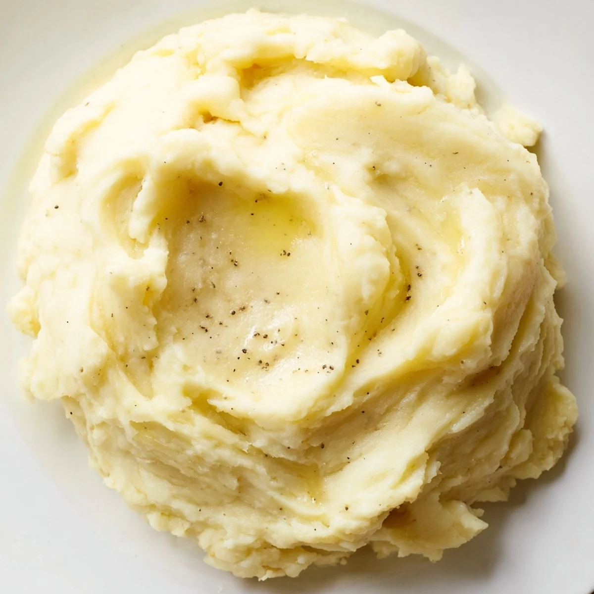 Creamy velvety mashed potatoes swirled with melting butter in a warm bowl
