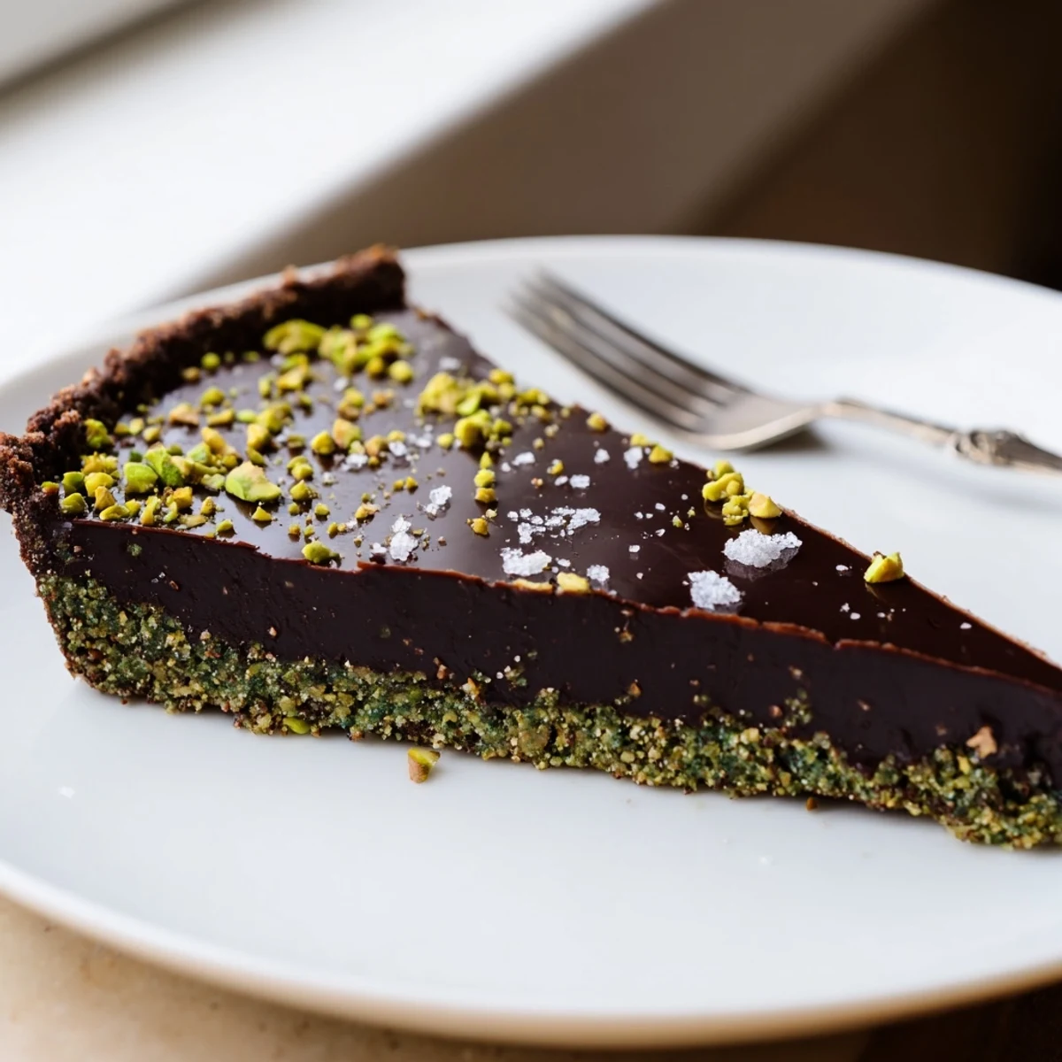 Dark Chocolate Pistachio Tart with glossy ganache topped with crushed green pistachios