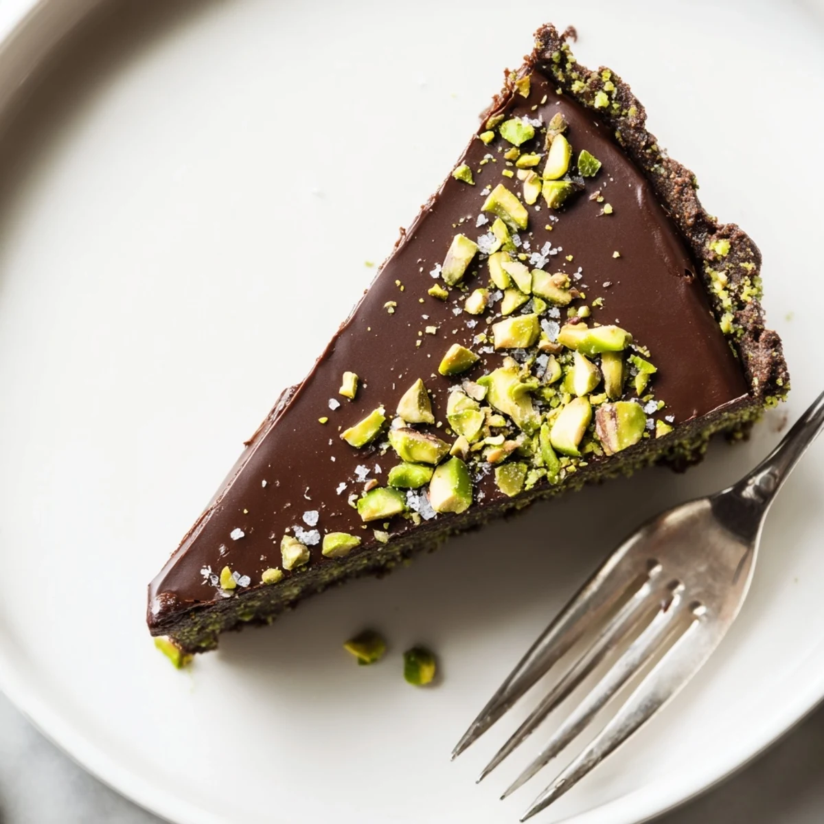 Silky dark chocolate ganache fills a buttery pistachio crust in this elegant tart
