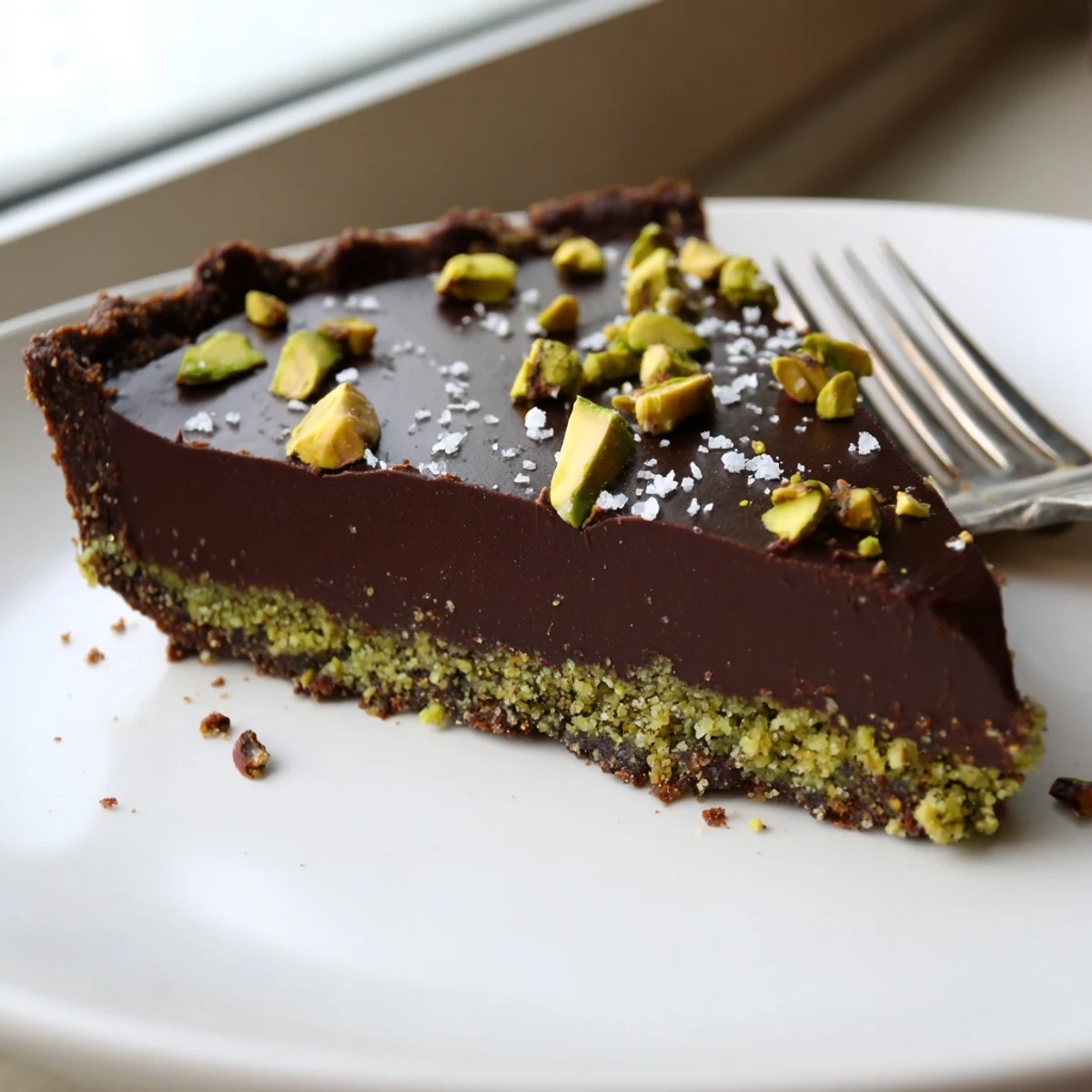 Dark Chocolate Pistachio Tart sliced into wedges dusted with sea salt and nuts