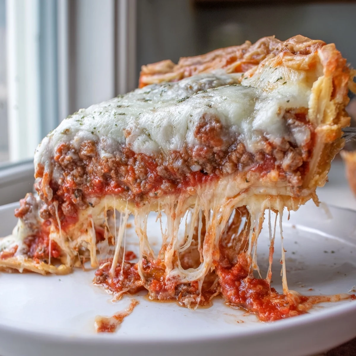 Golden cheesy lasagna pie sliced open revealing gooey layers of meat sauce and melted cheeses