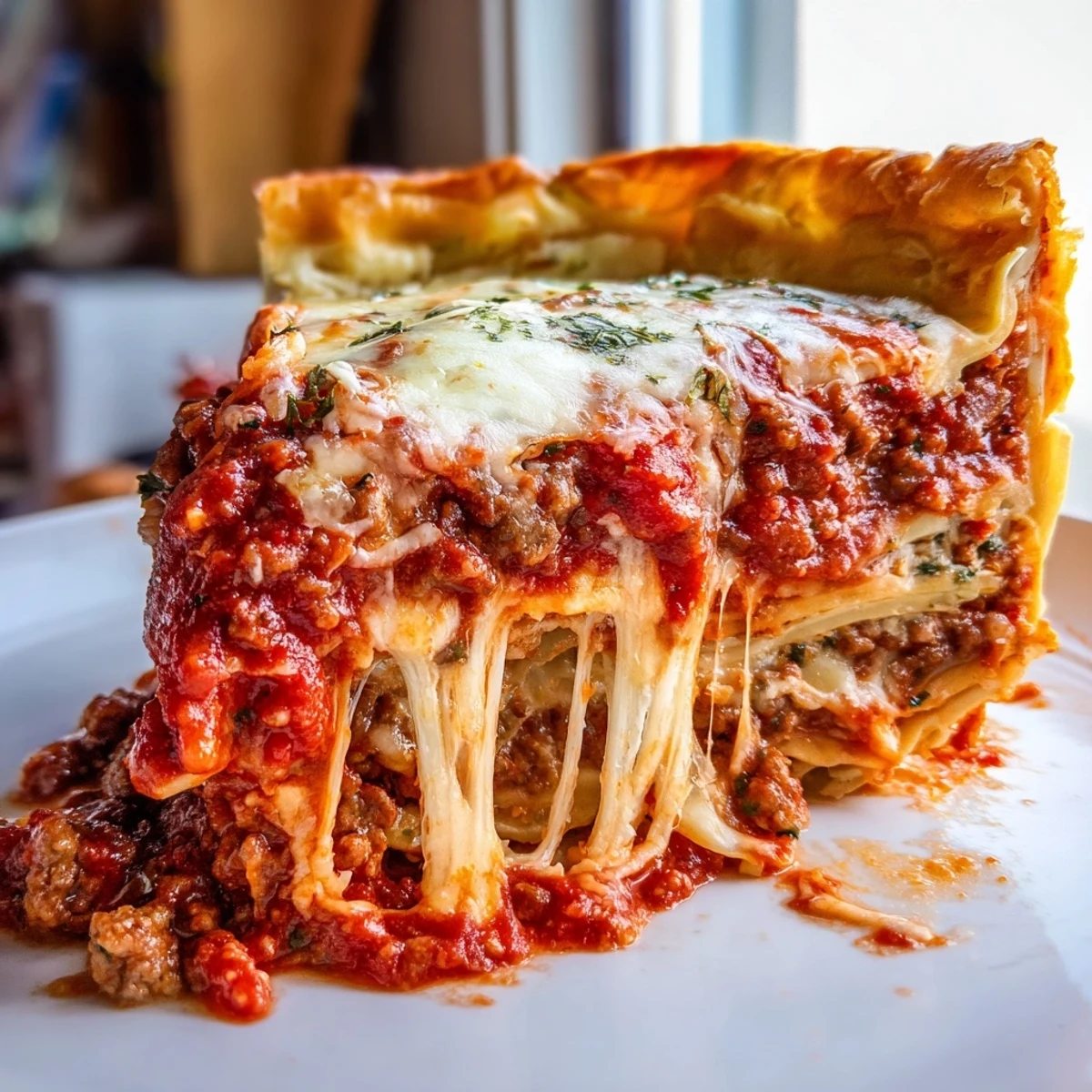 A wedge of cheesy lasagna pie topped with Parmesan, served on a white plate