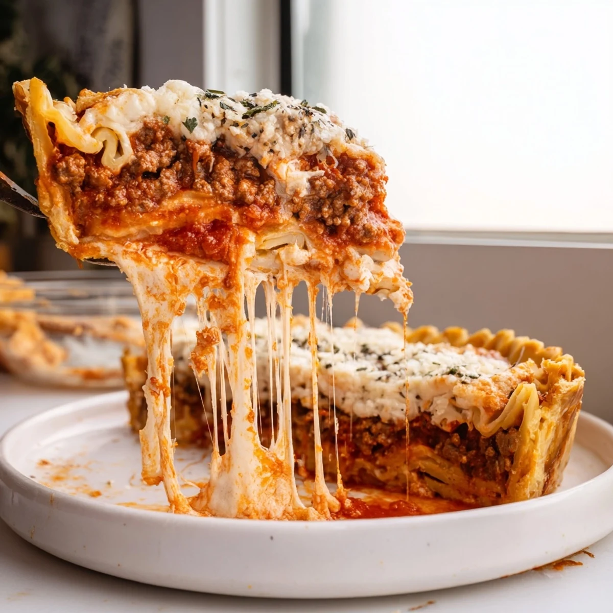 Cheesy lasagna pie bubbling in a flaky crust with stretchy mozzarella and rich meat sauce