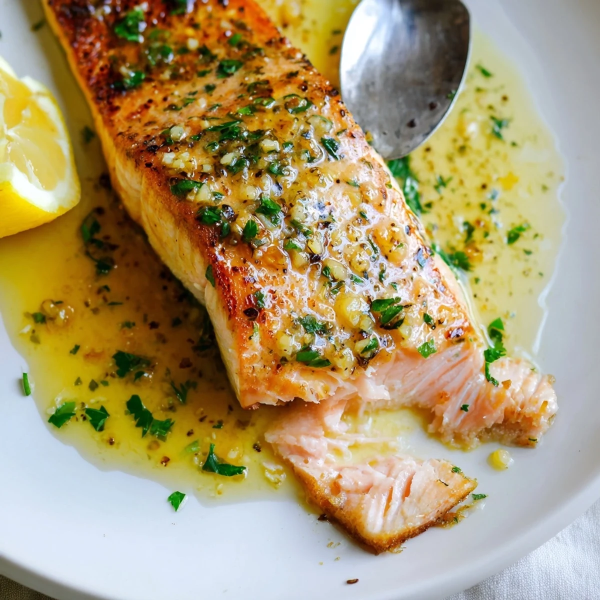 Golden garlic butter salmon fillets glistening with melted herb sauce on a white plate