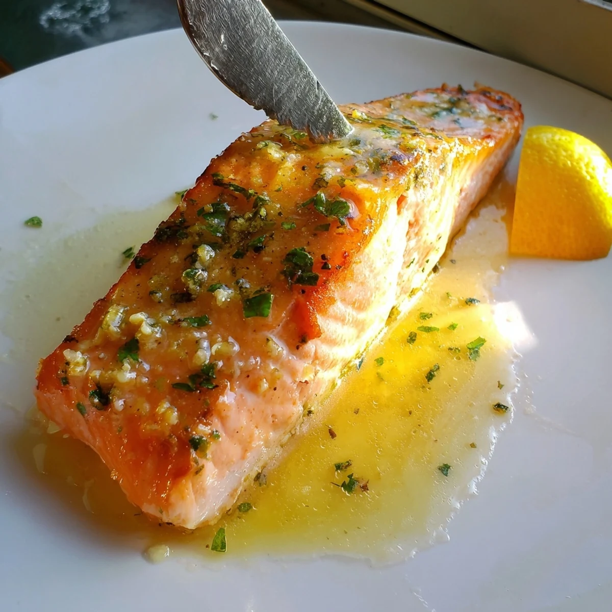 Crispy-skinned garlic butter salmon drizzled with bright lemon and fresh parsley garnish