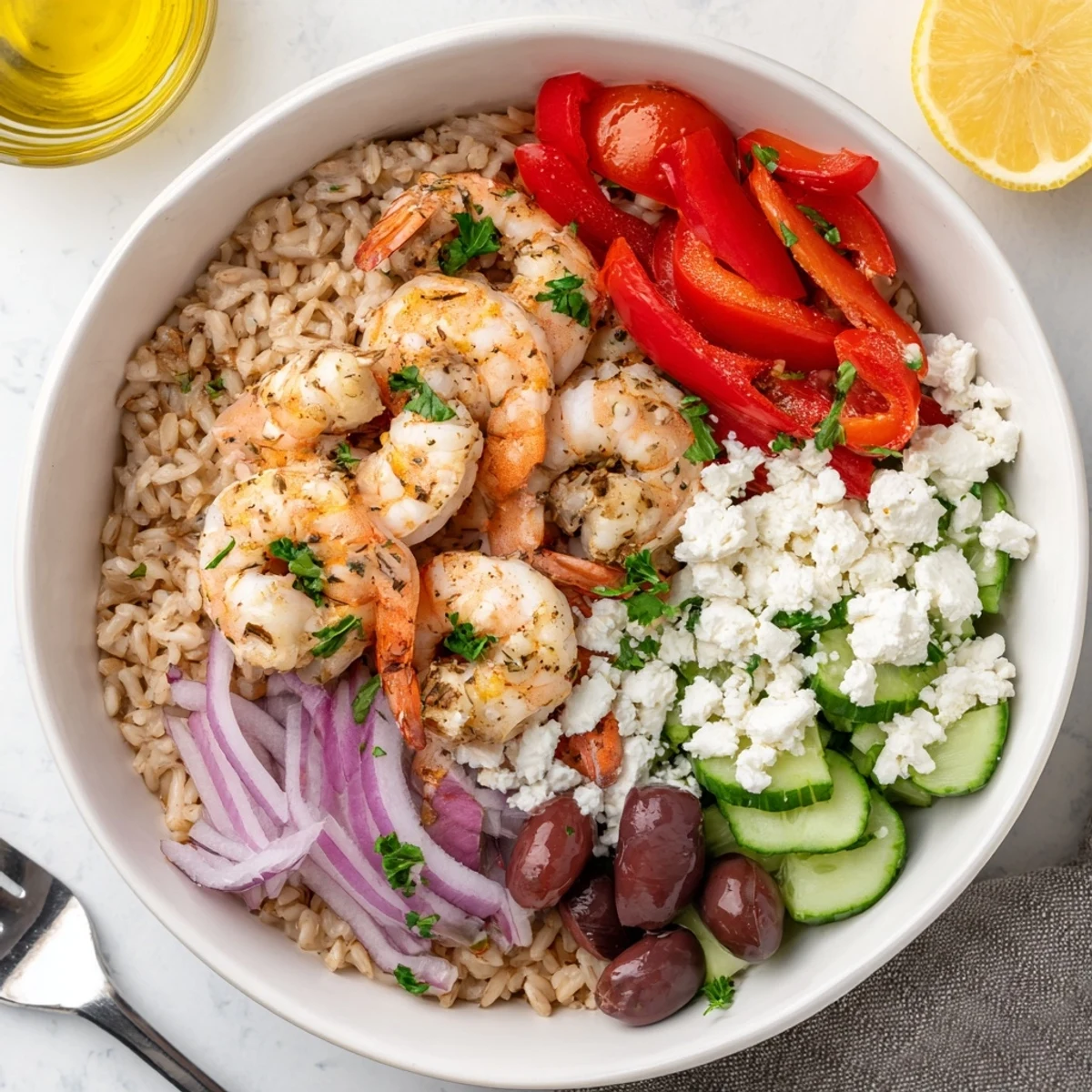 Juicy Greek Shrimp Mediterranean Bowl with colorful fresh veggies and crumbled feta cheese