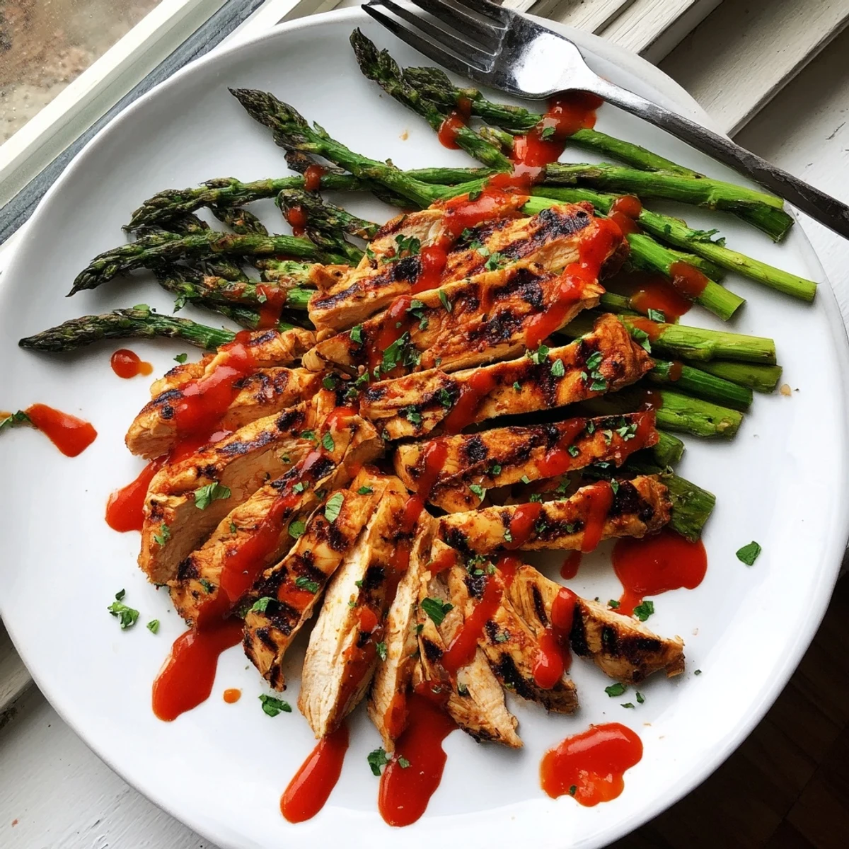 Juicy grilled asparagus chicken drizzled with vibrant, spicy Calabrian chili sauce on a plate.