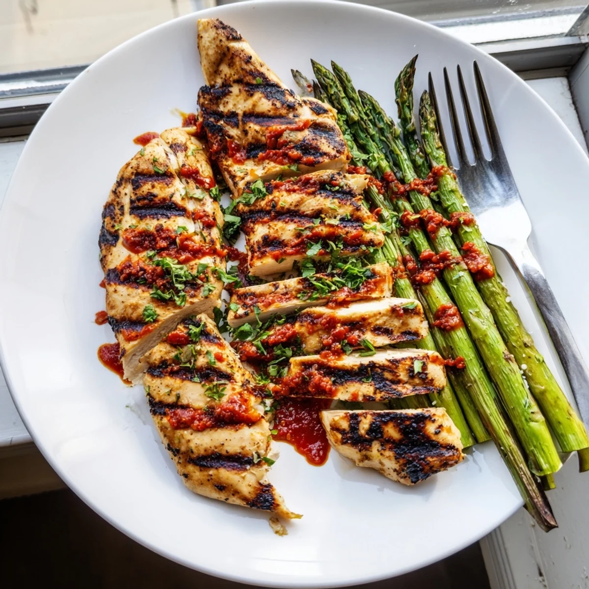 Tender grilled asparagus chicken topped with fiery Calabrian chili sauce and fresh lemon zest.