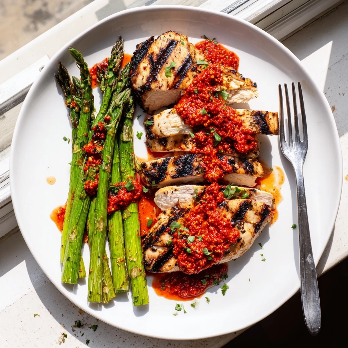Perfectly charred asparagus chicken glazed in bold Calabrian chili sauce, garnished with chopped parsley.