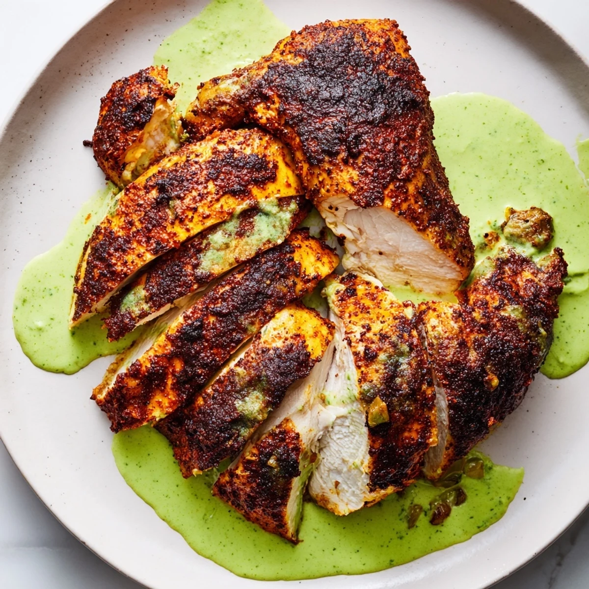 Golden Peruvian Chicken Delight with crispy herb-marinated skin and vibrant green sauce drizzled generously on top