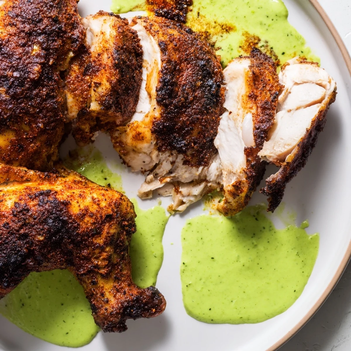 Sliced Peruvian Chicken Delight plated alongside roasted potatoes with creamy cilantro aji verde for dipping