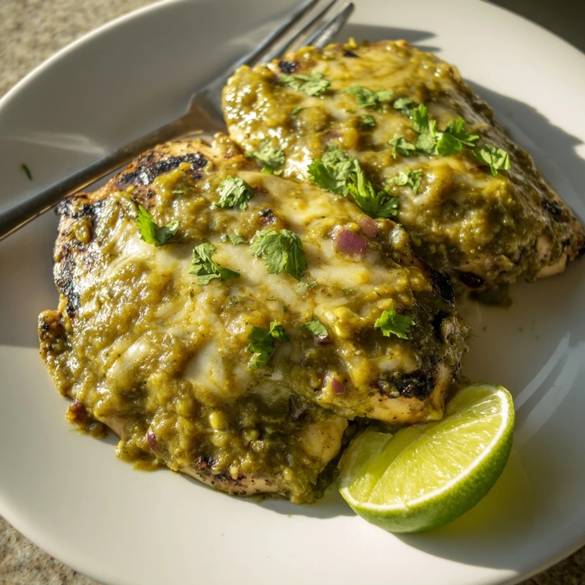 Golden grilled chicken smothered in melted Pepper Jack cheese and salsa verde