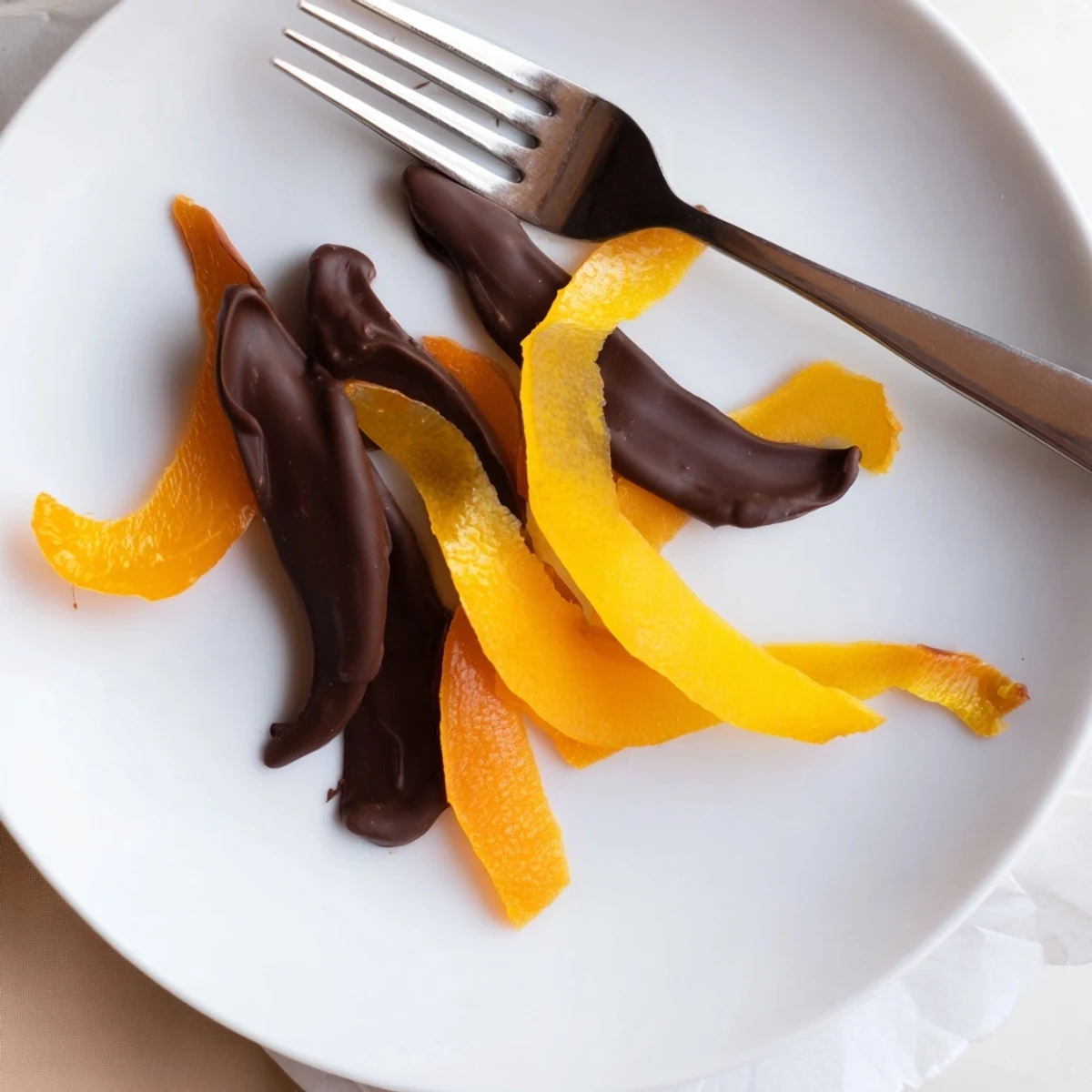 Chocolate covered orange peels drizzled with melted dark chocolate on a rustic board