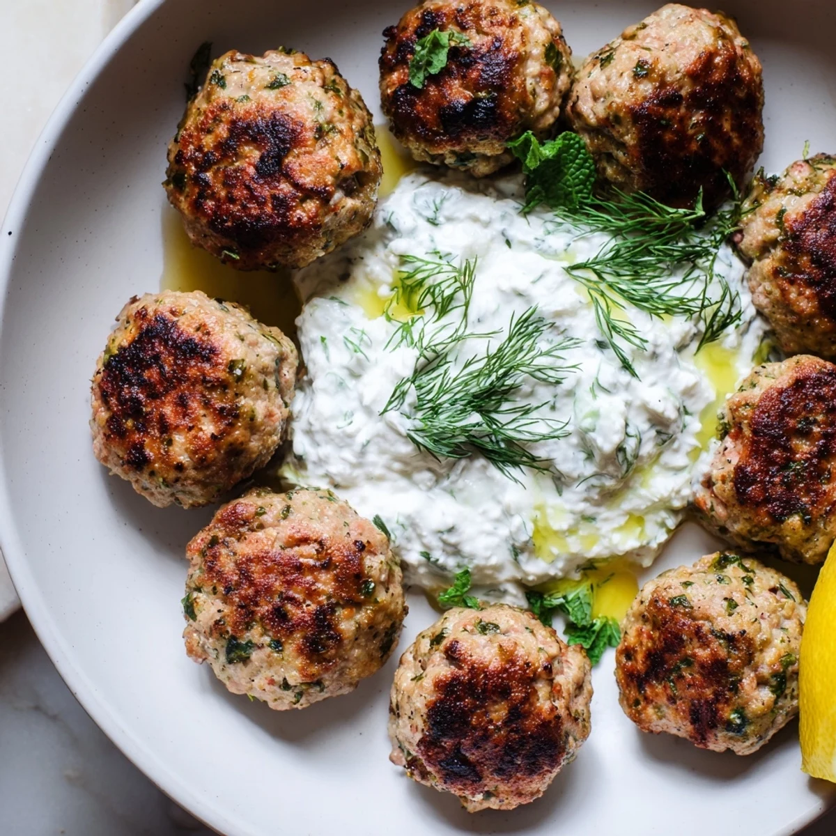 Golden Greek turkey meatballs nestled beside a bowl of cool, creamy tzatziki sauce