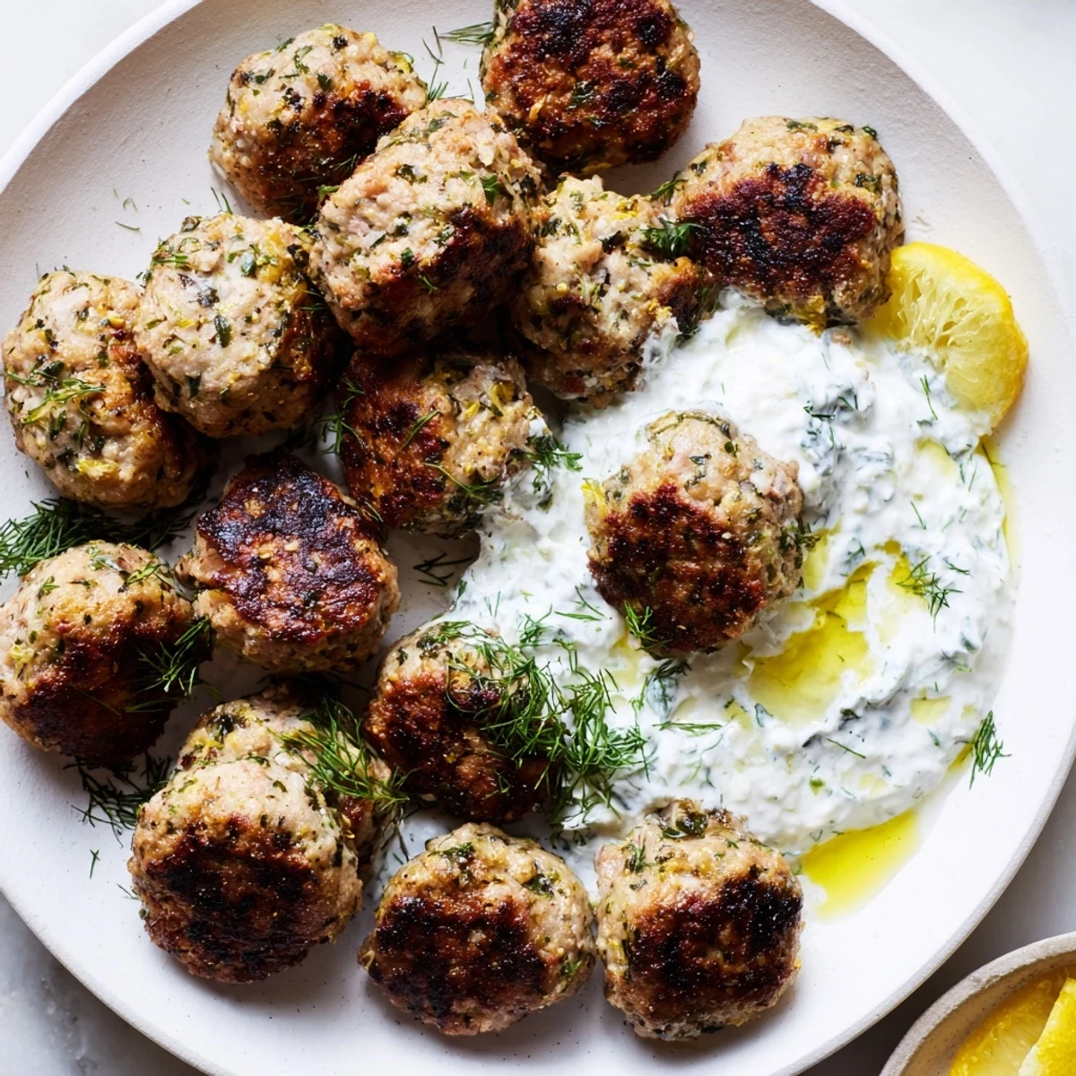 Herb-flecked Greek turkey meatballs drizzled with olive oil and bright lemon wedges
