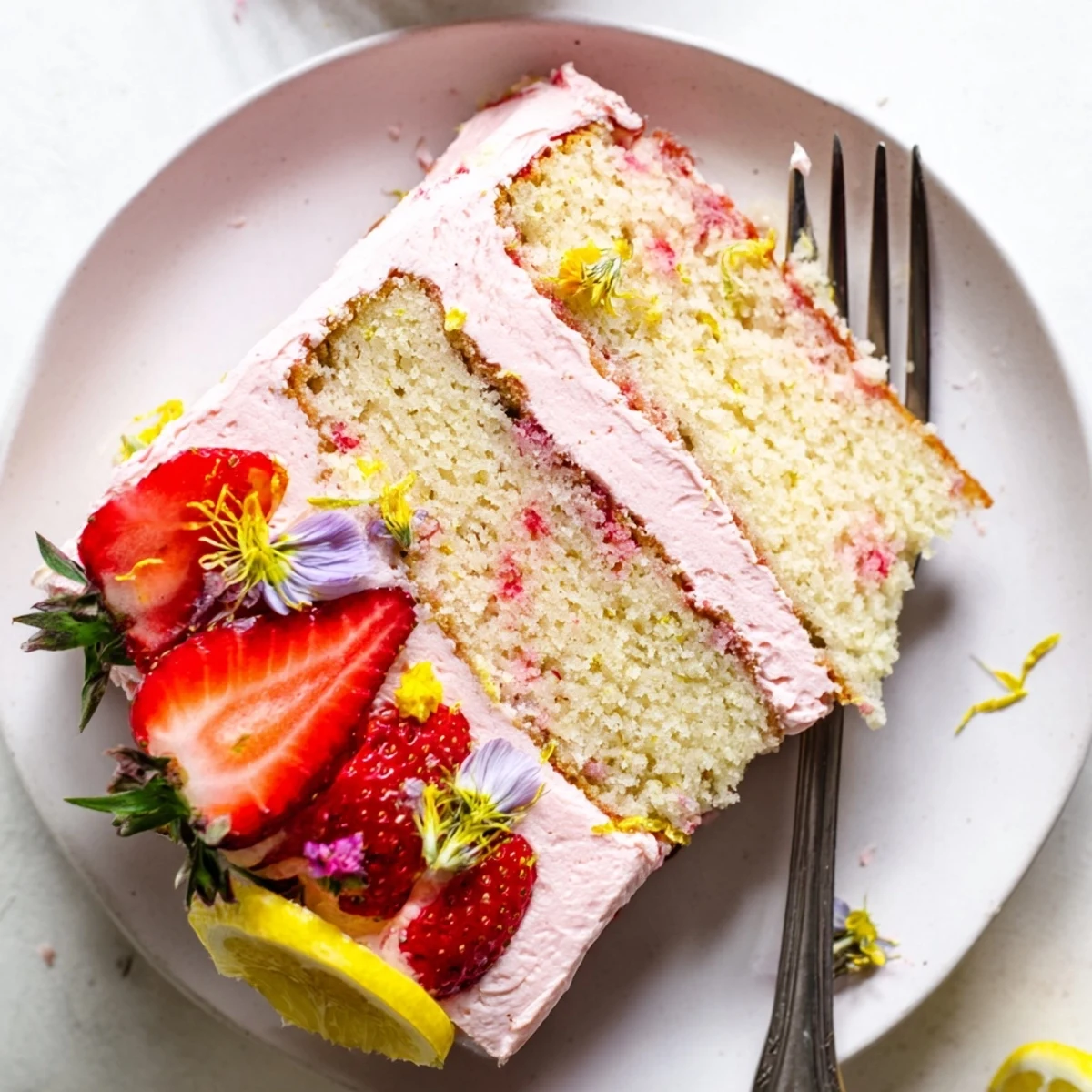 Pink strawberry lemonade cake layered with tangy cream cheese frosting on a rustic plate