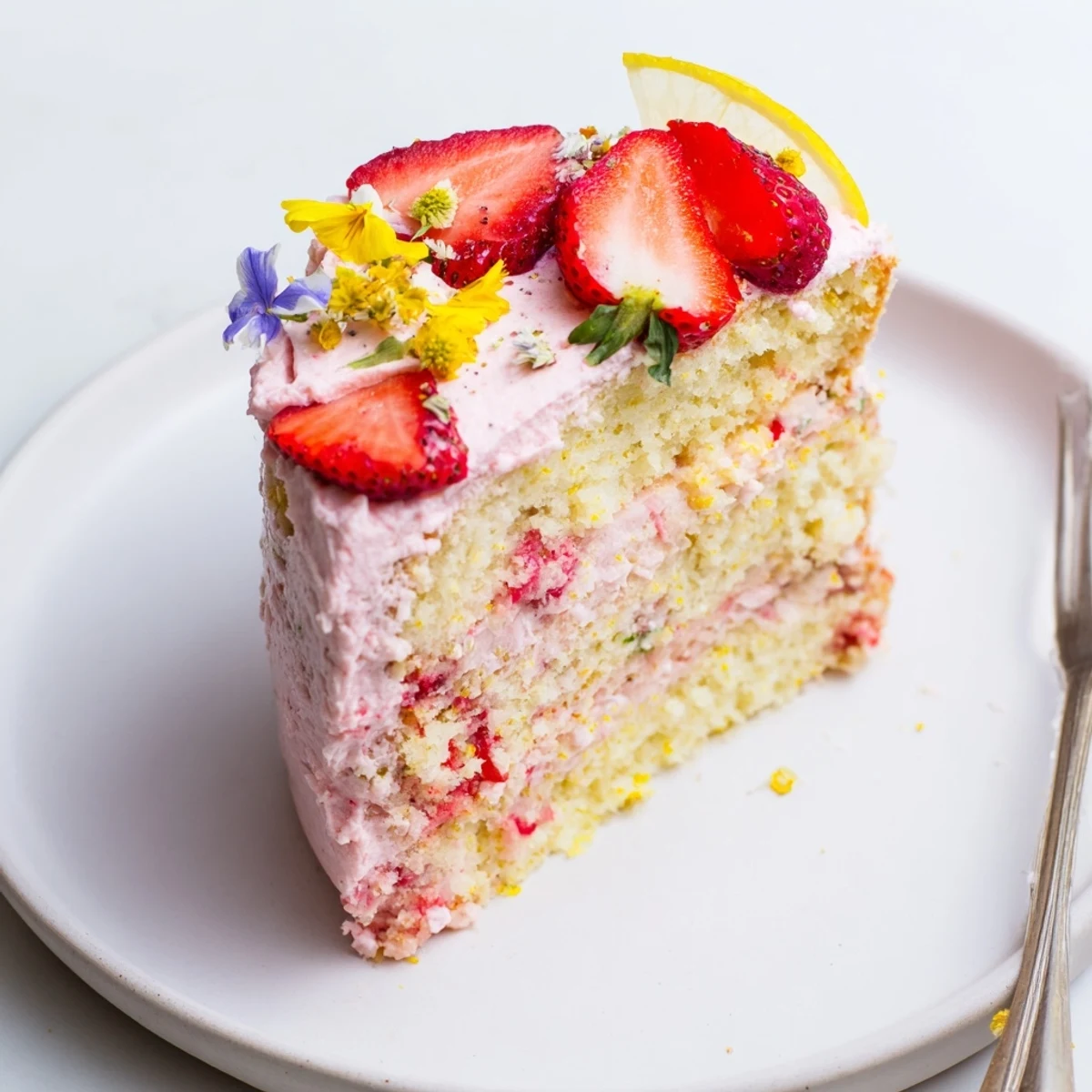 Moist strawberry lemonade cake topped with fresh berries and bright lemon garnish slices