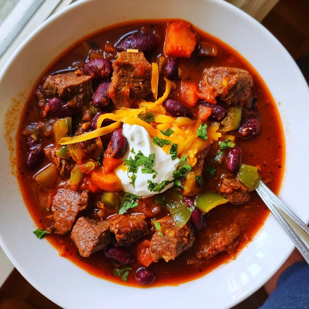 A steaming bowl of beefy chili stew loaded with tender meat and beans