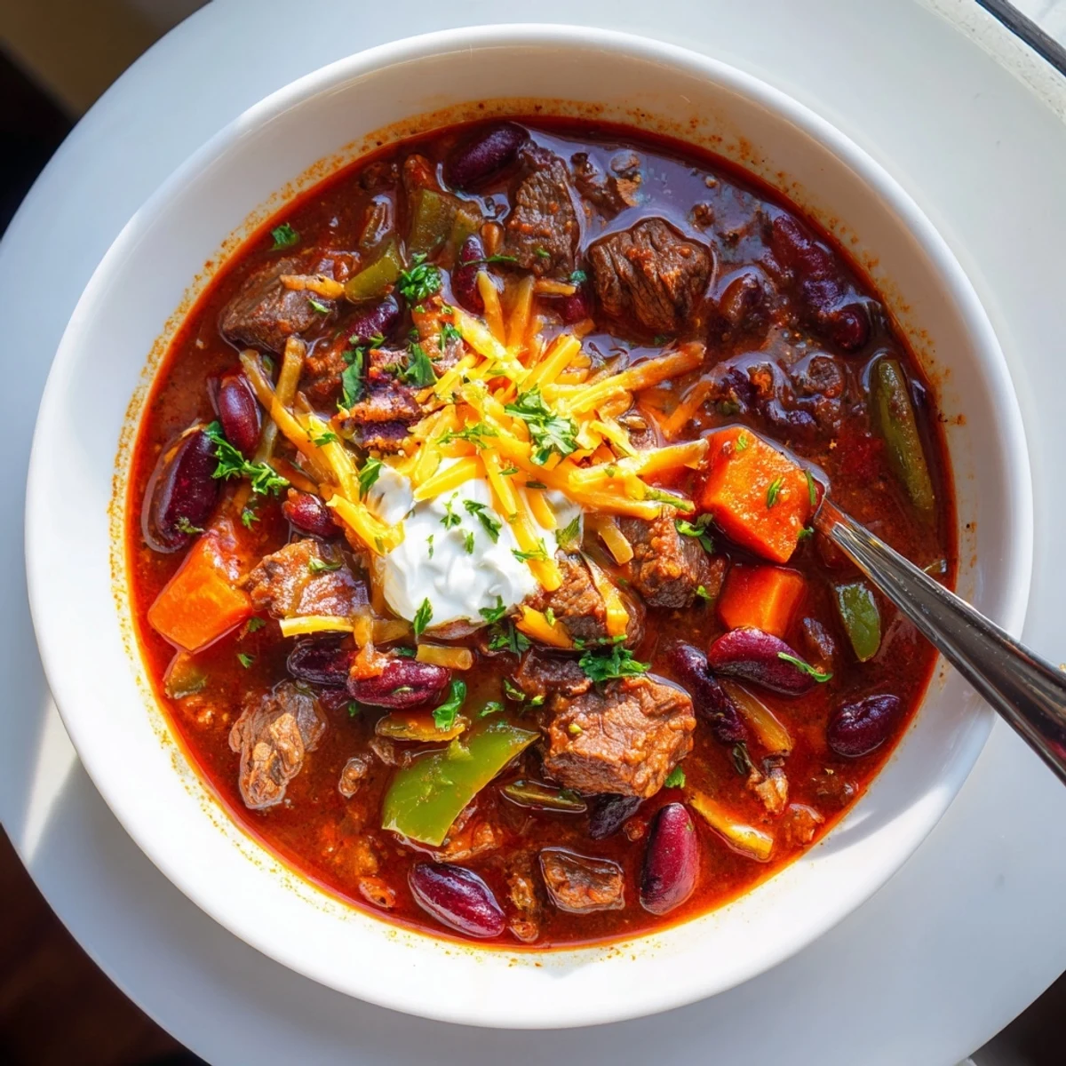 Thick beefy chili stew garnished with fresh cilantro in a rustic bowl